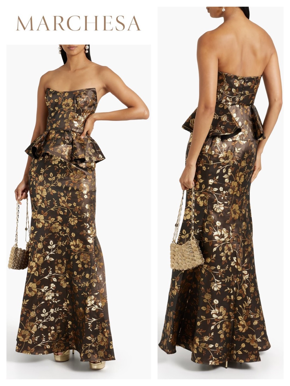 MARCHESA NOTTE Strapless Metallic Brocade Peplum Gown